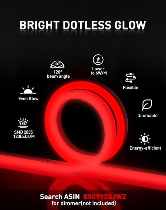 Shine Decor LED Rope Lights AC 120V, Connectable & Cuttable Dotless 120LEDs/M Eco Neon Strip Lighting, ETL IP65 Waterproof & Weather-Resistant for Home Commercial, 8x16mm, Red, 65.6FT