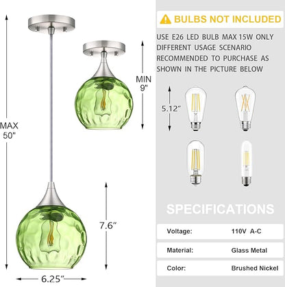 3 Pack 6.3" Hammer Green Glass Pendant Ceiling Light Fixtures Brushed Nickel Finish Modern Farmhouse Dinning Over Sink Adjustable Height Cord
