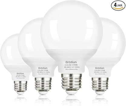 G25 LED Light Bulbs, Round Vanity Light Bulbs for Bathroom, 40W Equivalent, Soft White 2700K, E26 Base, 600LM, Non-Dimmable, 4-Pack