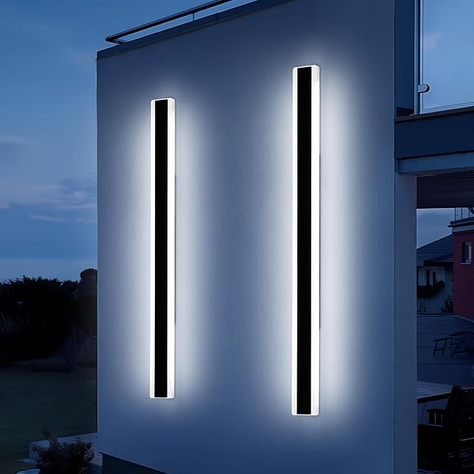 2 Pack 71inch Long Outside Wall Light Fixture, 6000K Cold White, Modern Outdoor Wall Sconce, IP65 Waterproof, 60W, Black Exterior LED Linear Lights for House, Garage, Patio, Balcony