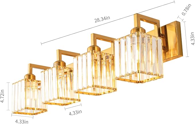 Modern Crystal Bathroom Vanity Light 4-Lights Gold Brushed Brass Finish Modern Crystal Wall Lamp Bathroom Vanity Lighting