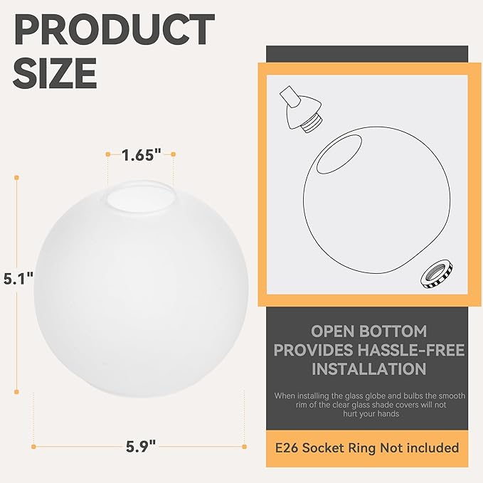2 Pack Lamp Globe Glass Shade, White Frost Glassshade Covers Replacements for Light Fixtures, 1.65 Inch Fitter Globes Lampshades for Wall Sconces Chandelier Bath Vanity Lights Pendants