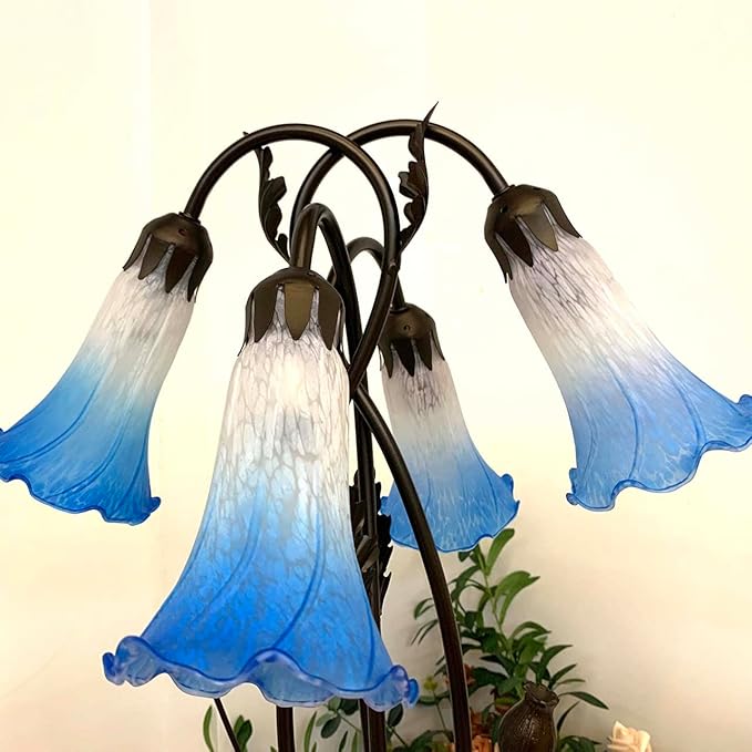Bieye L10854 Lily Flower Blown Glass Accent Table Lamp for Living Room Bedroom Decoration (4-Light, Blue)