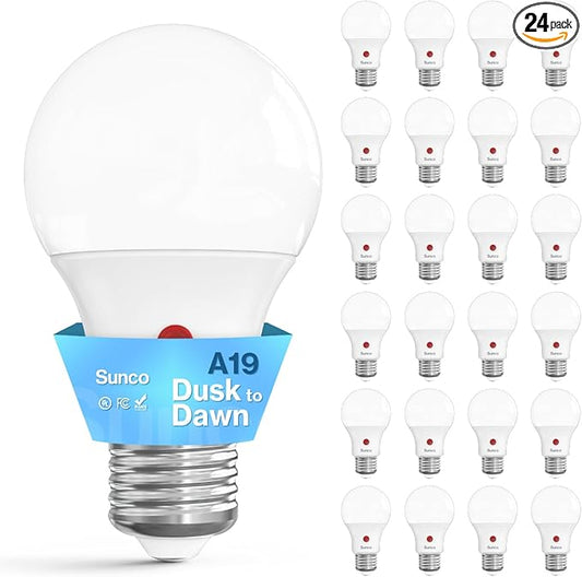 Sunco 24 Pack Dusk to Dawn LED Outdoor Light Bulb A19, Photocell Automatic for Exterior Lighting, 800 LM, 9W (60W Eqv.), 3000K Warm White, Auto On/Off Sensor, IP65 Rated UL