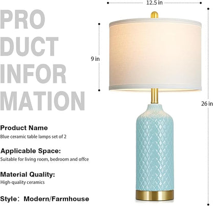 26“ Aqua Blue Ceramic Lamp Single, Coastal Table Lamps for Living Room End Table, Modern Bedside Lamp for Nightstand, Elegant Farmhouse Bedroom Lamps for Desk Side Home Decor(Bulb Included)