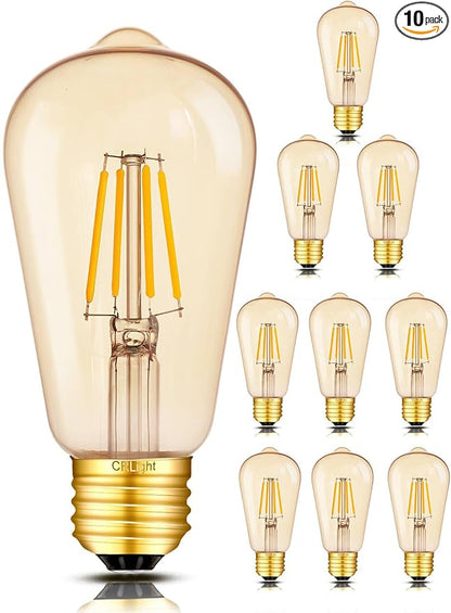 CRLight Amber Glass ST58 = ST19 Vintage LED Edison Bulb - Dimmable 6W 650LM 2700K Warm White, 90+ CRI, E26 Antique Style Decorative Filament Light, 60W Incandescent Replacement, 10-Pack