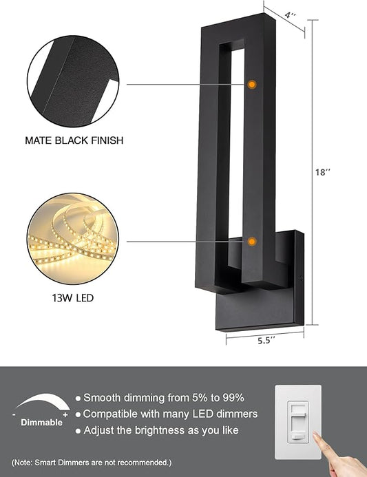 Modern Outdoor Wall Lights, 18 inch LED Long Wall Sconce, Black Exterior Led Porch Light Fixture Wall Mount, Waterproof Outdoor Sconce Lighting for House, Patio
