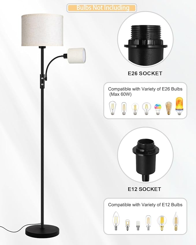 Floor Lamps for Living Room, Modern Floor Lamp with Reading Lamp, 62" Tall Standing Lamp, Beige Lampshades, Simple Pole Lamps for Bedroom/Office/Kids Room/Den(Bulbs Not Including, E26/E12 Base)