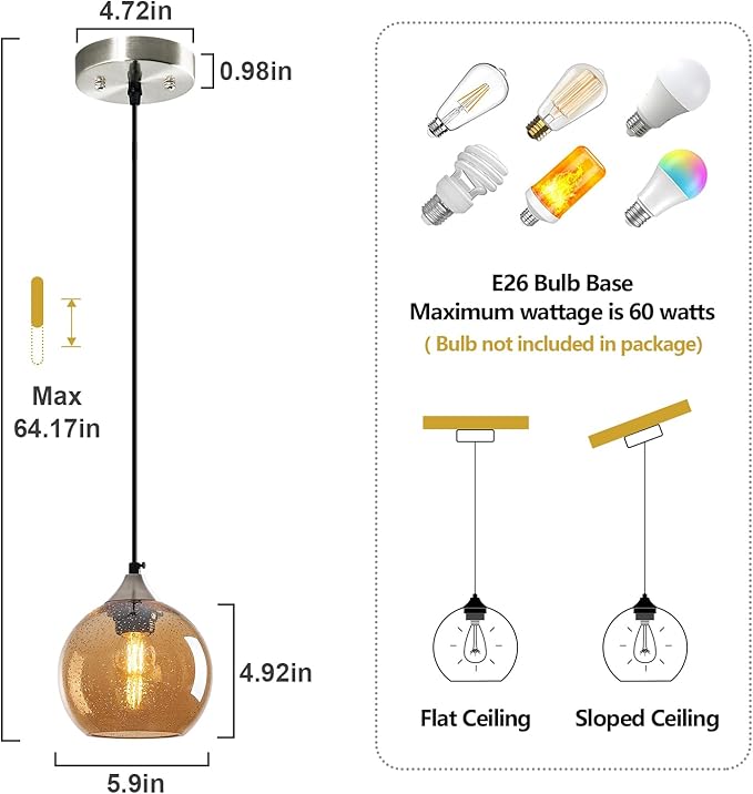 Amber Glass Pendant Lights Kitchen Island Globe Pendant Light Fixtures Modern Pendant Lighting for Bedroom Living Dining Room Light Fixture (5.9 in, 3 Pack)