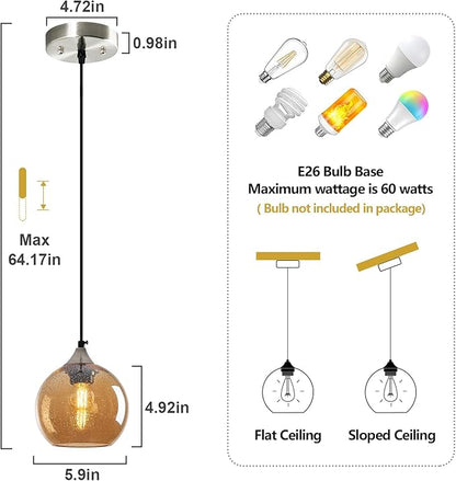 Amber Glass Pendant Lights Kitchen Island Globe Pendant Light Fixtures Modern Pendant Lighting for Bedroom Living Dining Room Light Fixture (5.9 in, 3 Pack)