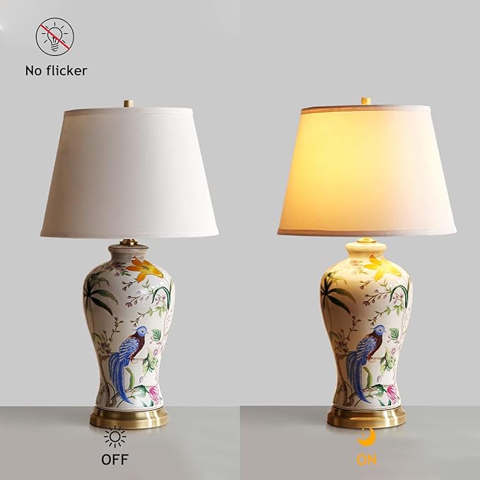 White Flower & Bird Ceramic Table Lamp,Hand-Painted Chinoiserie Lamp, Fabric Lampshade Nightstand Lamp for Bedroom Living Room Office College Bookcase