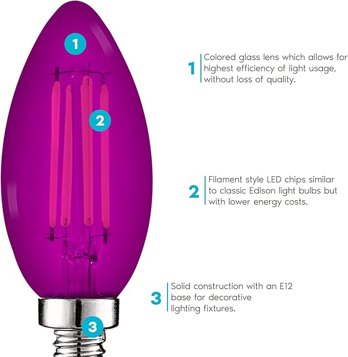 Luxrite E12 LED Filament Purple Light Bulbs, 4.5W (40W Equivalent), Colored Glass Candelabra Bulb, UL Listed, E12 Base, Indoor Outdoor, Porch, Decoration, Party, Holiday, Event, Home Lighting (4 Pack)