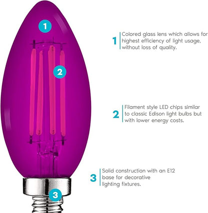 Luxrite E12 LED Filament Purple Light Bulbs, 4.5W (40W Equivalent), Colored Glass Candelabra Bulb, UL Listed, E12 Base, Indoor Outdoor, Porch, Decoration, Party, Holiday, Event, Home Lighting (4 Pack)