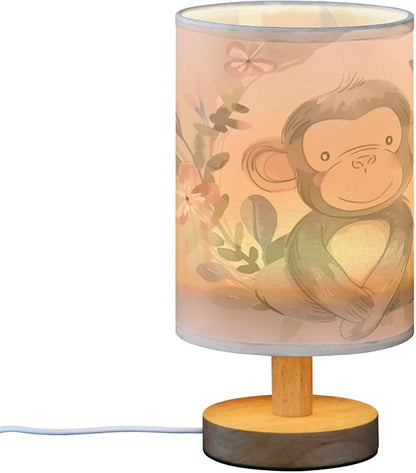 Bedside Lamp Monkey Pink Flower Table Lamp for Bedroom LED Nightstand Lamp Shade USB Ports Wood Base for Living Room Dorm Office