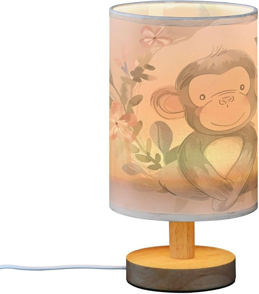 Bedside Lamp Monkey Pink Flower Table Lamp for Bedroom LED Nightstand Lamp Shade USB Ports Wood Base for Living Room Dorm Office