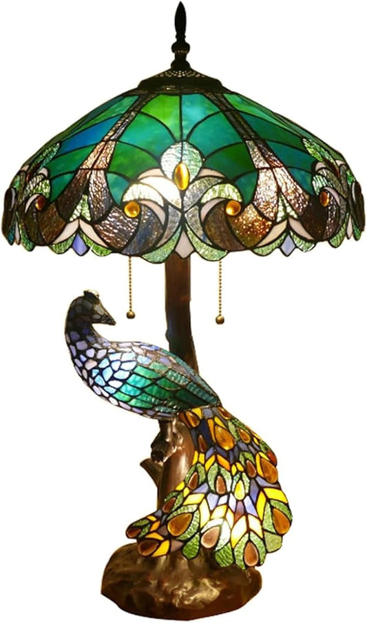 Large Tiffany Table Lamp 18" Wide Handmade Stained Glass Lamp Shade 3 Light Peacock Style Vintage Desk Light for Living Room Bedroom Bedside Reading Light,Victoria