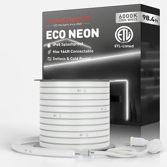 Shine Decor LED Rope Lights AC 120V, Connectable & Cuttable Dotless 120LEDs/M Eco Neon Strip Lighting, ETL IP65 Waterproof & Weather-Resistant for Home Commercial, 8x16mm, 6000K Cool White, 98.4FT