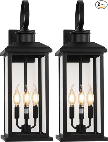 24" Extra Large Outdoor Wall Light Fixture 2-Pack, Black 3-Light Modern Porch Lantern, Waterproof Exterior Lighting Sconce Wall Mount, Outside Lamp for House Garage Patio E12 Base