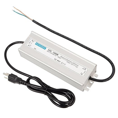 LED Driver 12V150W Waterproof IP67 Power Transformer AC90-130V to DC 12V12.5A Low Voltage Switching Power Supply with 3-pin US Plug for Indoor and Outdoor LED Light Strips and 12V DC Devices
