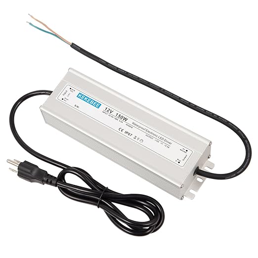 LED Driver 12V150W Waterproof IP67 Power Transformer AC90-130V to DC 12V12.5A Low Voltage Switching Power Supply with 3-pin US Plug for Indoor and Outdoor LED Light Strips and 12V DC Devices