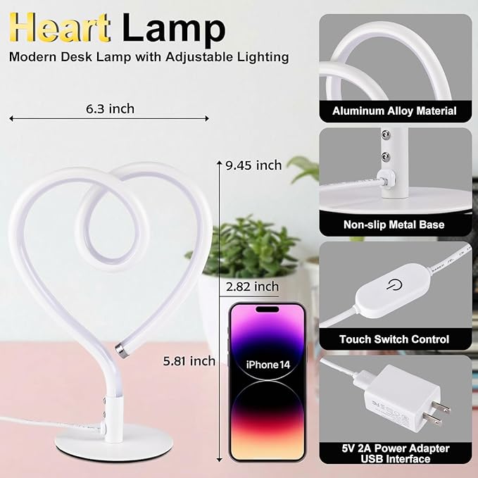 White Table Lamp – 3CCT 2700K 4000K 6500K Stepless Dimmable Heart Lamp, Touch Control Aluminum Bedside Table Lamp with USB Adapter, Small Table Lamp for Bedroom,Teen,Room,Girls Room