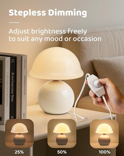Mushroom Table Lamp for Bedroom, Cozy Bedside Lamp with Glass Shade, Stepless Dimmable Nightstand Lamp for Relaxing Bedroom Decor & Aesthetic Home (White)