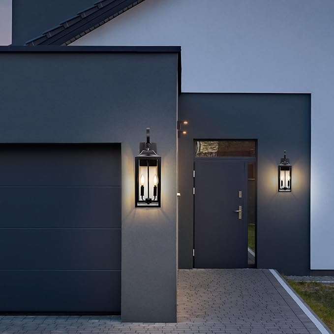 19" Large Outdoor Wall Light - Black Outside Wall Mounted Light Fixture, Exterior Farmhouse Wall Sconce Lantern 2-Light, Modern Porch Lighting Exterior Lamp for House, 2 Pack
