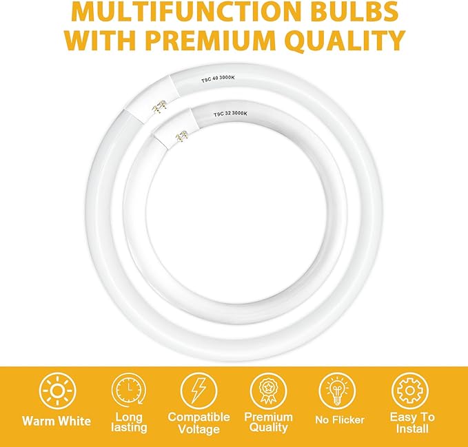 FC16T9/WW 40 Watt and FC12T9/WW 32W Set, 3000K Soft White, 16'' T9 40W Circline Light Bulbs, 12 inch 32 Watt Circular Fluorescent Tube, Round Fluorescent Bulb CRI 82, 5700 Lumen G10q