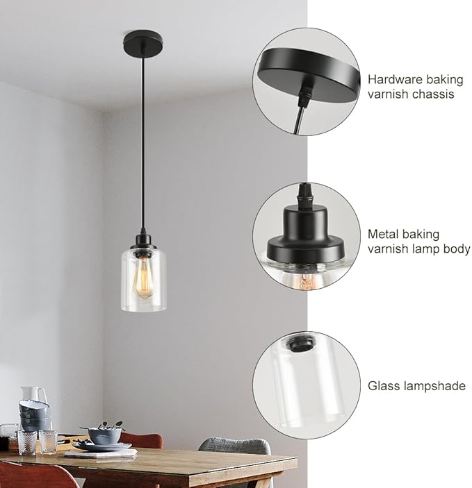 3 Lights Industrial Pendant Light with Glass Shade Matte Black Pendant Lighting Adjustable Industrial Retro Style Hanging Light,Kitchen Island Farmhouse Pendant Lights Fixtures for Kitchen,Farmhouse