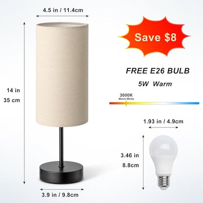 Small Bedside Table Lamp for Bedroom, Round Linen Shade and Black Metal Base, Rustic Minimalist Night Lamps for Nightstand, Dresser, Living Room, Office, College Dorm, Warm Light, 5W LED Bulb Included