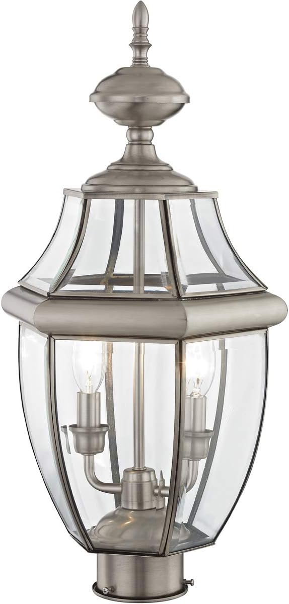 Livex Lighting 2254-91 Monterey 2 Light Outdoor Brushed Nickel Finish Solid Brass Post Head with Clear Beveled Glass