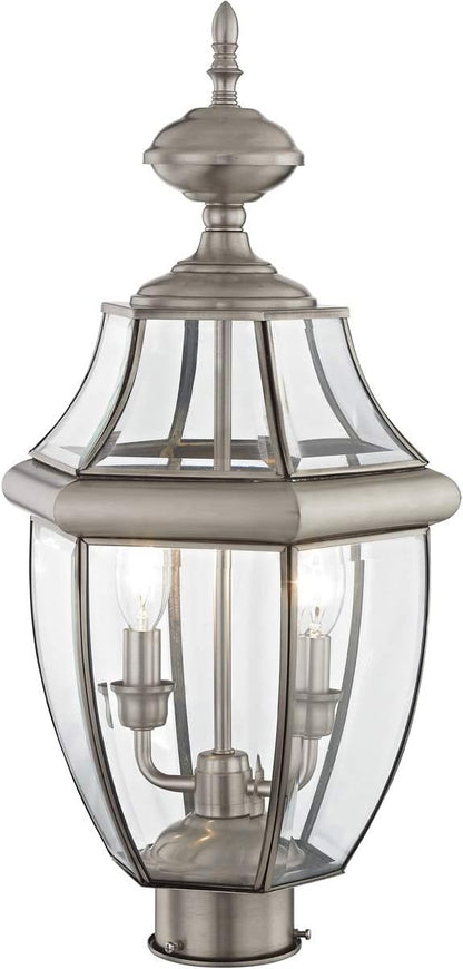 Livex Lighting 2254-91 Monterey 2 Light Outdoor Brushed Nickel Finish Solid Brass Post Head with Clear Beveled Glass