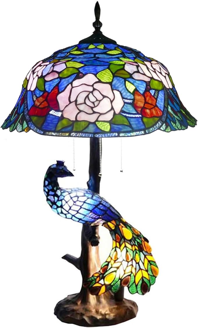 Large Tiffany Table Lamp 18" Wide Handmade Stained Glass Lamp Shade 3 Light Peacock Style Vintage Desk Light for Living Room Bedroom Bedside Reading Light,Blue Rose