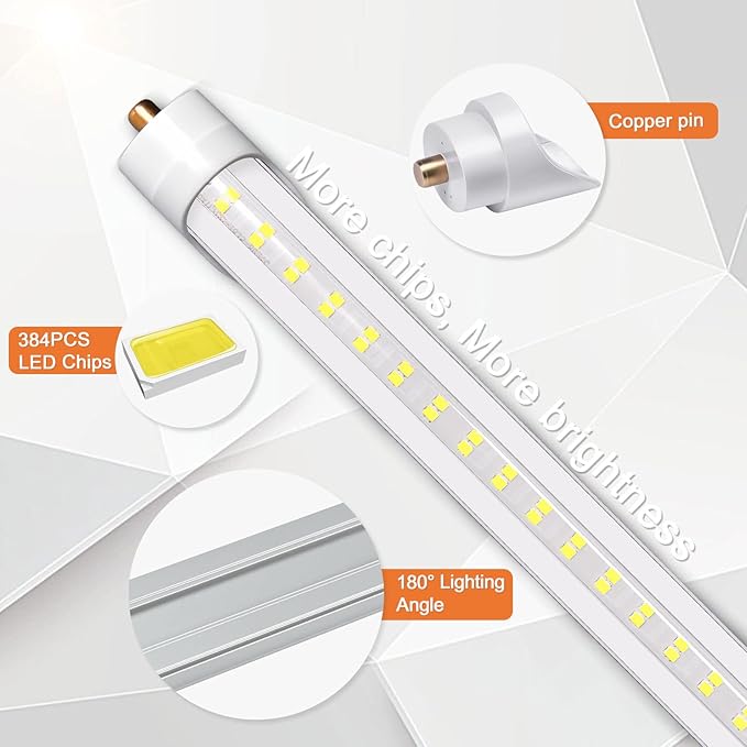 8ft LED Bulbs, 8 Foot LED Tube Light (20 Pack) 45W 6000lm 6500K, Super Bright,T8 Single Pin FA8 Lights, Clear Cover,8 Foot LED Bulbs to Replace T8 T12 T10 Fluorescent Light Bulbs