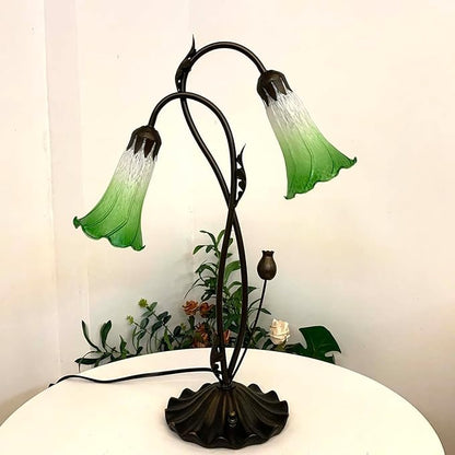 Bieye L10856 Lily Flower Blown Glass Accent Table Lamp for Living Room Bedroom Decoration (2-Light, Green)