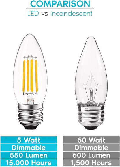 LUXRITE 5W Vintage E26 Candelabra LED Bulbs 60W Equivalent, 550 Lumens, 2700K Warm White Dimmable, Medium Base Candelabra Bulb, Torpedo Tip Clear Glass, Edison Filament Light Bulb, UL Listed (6 Pack)