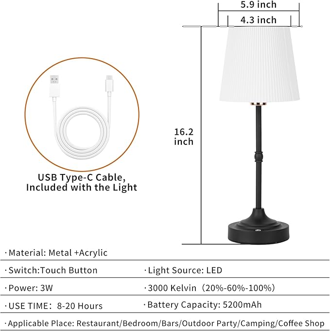 Cordless LED Table Lamp,Portables Fabric Shade Desk Lamps, 5000mAh Rechargeable Battery Powered Lighting, Dimmable Light for Dining Room, Bedroom, Bedside, Night Light, Balcony (Black-02)