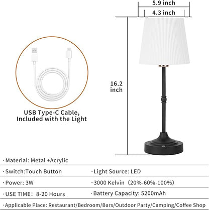 Cordless LED Table Lamp,Portables Fabric Shade Desk Lamps, 5000mAh Rechargeable Battery Powered Lighting, Dimmable Light for Dining Room, Bedroom, Bedside, Night Light, Balcony (Black-02)