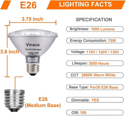 Vinaco PAR30 Short Neck 75W, 6 Pack High Output PAR30 Halogen Flood Light Warm White 2800K, PAR 30 Dimmable, Long Lasting par30 Flood Light Bulb 120V with E26 Base for Indoor/Outdoor