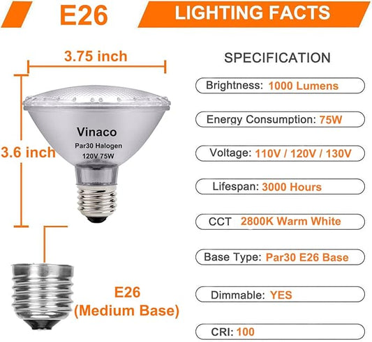 Vinaco PAR30 Short Neck 75W, 6 Pack High Output PAR30 Halogen Flood Light Warm White 2800K, PAR 30 Dimmable, Long Lasting par30 Flood Light Bulb 120V with E26 Base for Indoor/Outdoor