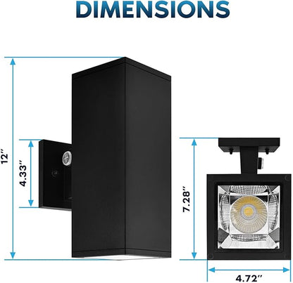 LUXRITE Dusk to Dawn LED Modern Outdoor Wall Lights, 12", Up or Up and Down Light, 3CCT 3000K-5000K, Waterproof Square Wall Sconce, 20/30/40W, Dimmable, IP65, ETL - Porch Patio Garage (2 Pack)
