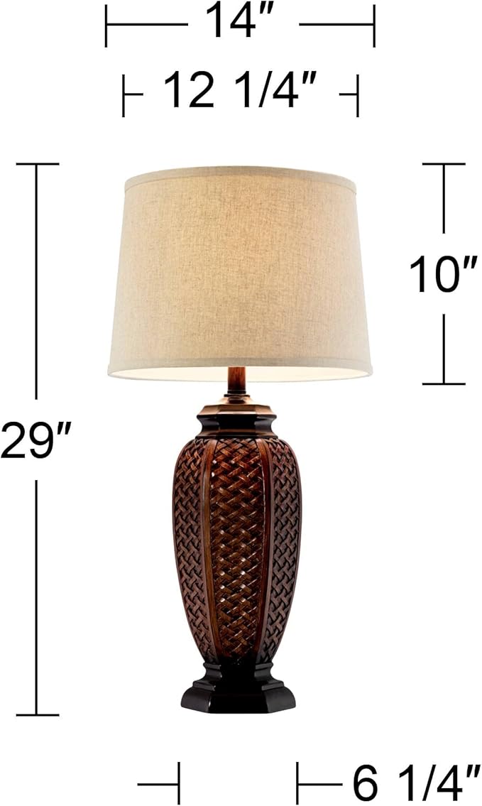 Regency Hill Tropical Natural Cottage Jar Table Lamps 29" Tall Set of 2 Weathered Brown Woven Wicker Beige Linen Fabric Drum Shade Decor for Living Room Bedroom House Bedside Nightstand Home
