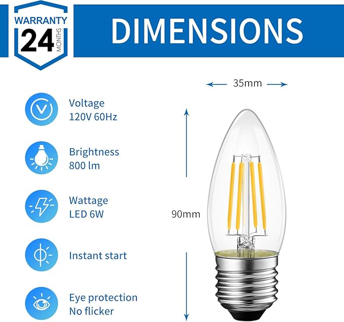 ANWIO B11 Filament Bulb E26 Base Non-Dimmable 6W(60W Equivalent) 2700K Warm White Chandelier Decorative Candle Light Bulb 6 Pack