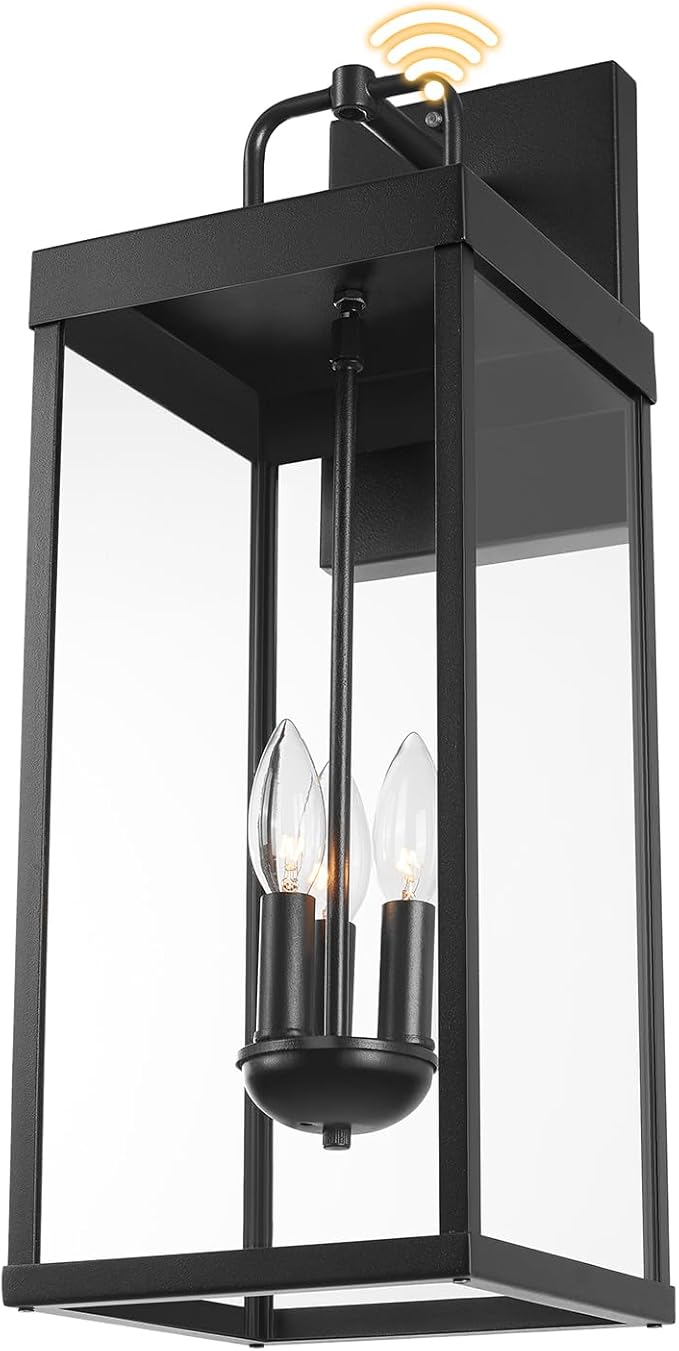 Dusk to Dawn Outdoor Wall Sconce Light, 24 Inch Tall Transitional Exterior Wall Lighting with Clear Glass, Anti-Rust Powder Coat Black Modern Outside Wall Lantern for Front Porch, DDRZ008L BK