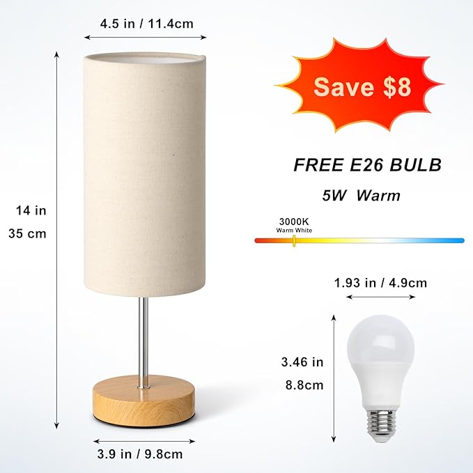 Small Bedside Table Lamp for Bedroom Nightstand, Round Linen Shade and Wood Base, Rustic Minimalist Night Lamps for Dresser, Living Room, Office, College Dorm Reading, Warm Light, 5W LED Bulb Included