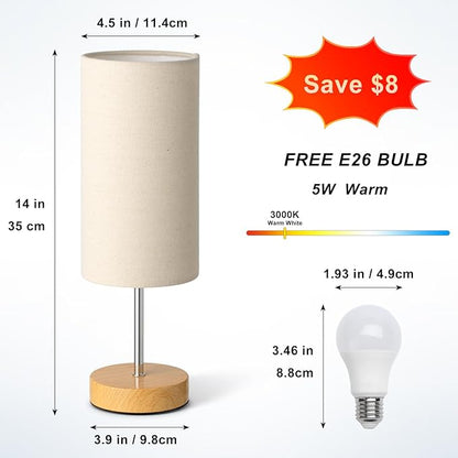 Small Bedside Table Lamp for Bedroom Nightstand, Round Linen Shade and Wood Base, Rustic Minimalist Night Lamps for Dresser, Living Room, Office, College Dorm Reading, Warm Light, 5W LED Bulb Included