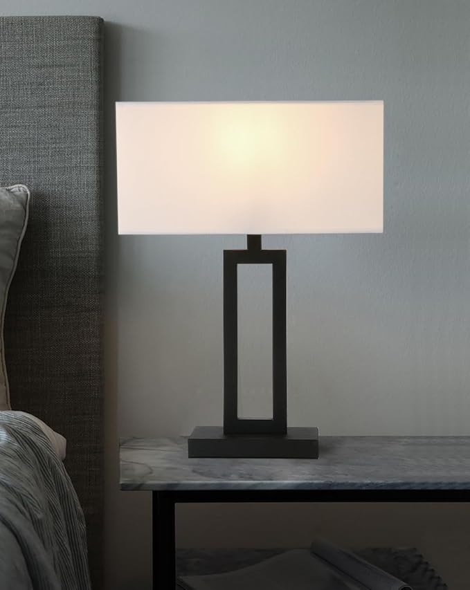 Yosoan White Indoor Table Lamp Bedside Nightstand Desk Lamp, Dimmable On Off Switch Black 65.8" Power Cord Cutout Rectangular White Fabric Shade for Bedroom Hotel Study