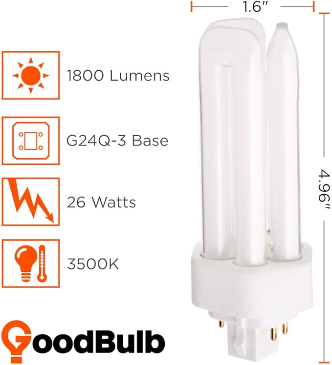 GoodBulb 26 Watt CFL Light Bulbs 4 Pin GX24Q-3 Base 3500K Neutral White 26W High Output 1800 Lumens Triple Tube Compact Fluorescent Light Bulbs Plug-in 10 Pack