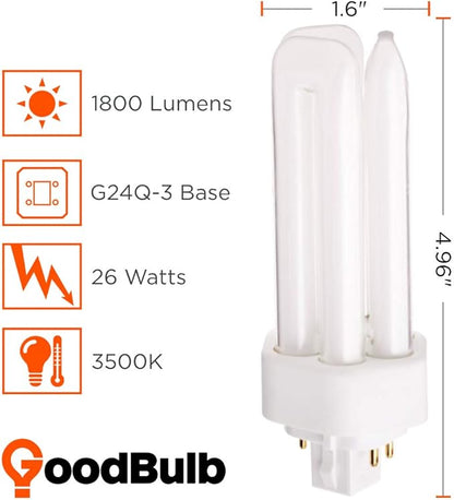GoodBulb 26 Watt CFL Light Bulbs 4 Pin GX24Q-3 Base 3500K Neutral White 26W High Output 1800 Lumens Triple Tube Compact Fluorescent Light Bulbs Plug-in 10 Pack