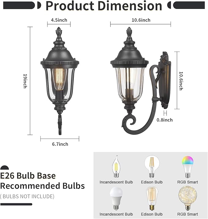 Outdoor Light Fixtures Wall Mounted Black Porch Sconces Clear Glass Shades E26 Sockets Exterior Weatherproof Lanterns Modern Porch Lights Wall Mount Outside Lights for House, Patio, Doorway